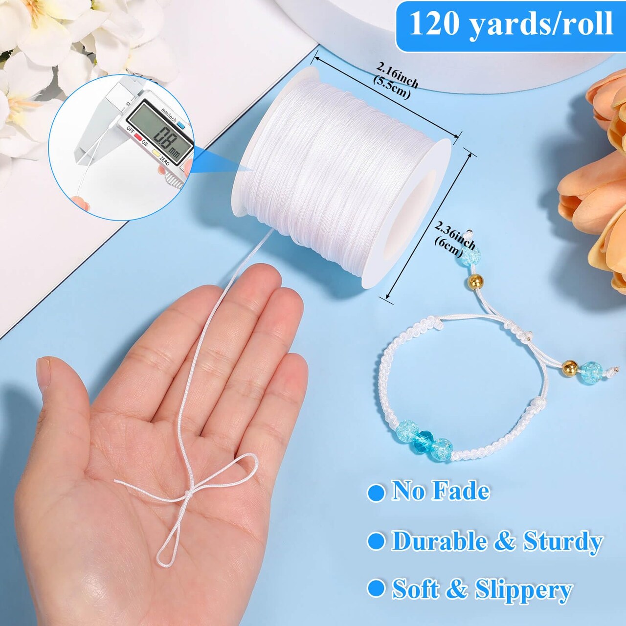 White Nylon String for Bracelets, 0.8mm Nylon Thread Braided Nylon Cord Wind Chime Outdoor Twine String for Beading, Necklaces, Blinds, DIY Craft, Jewelry Making
